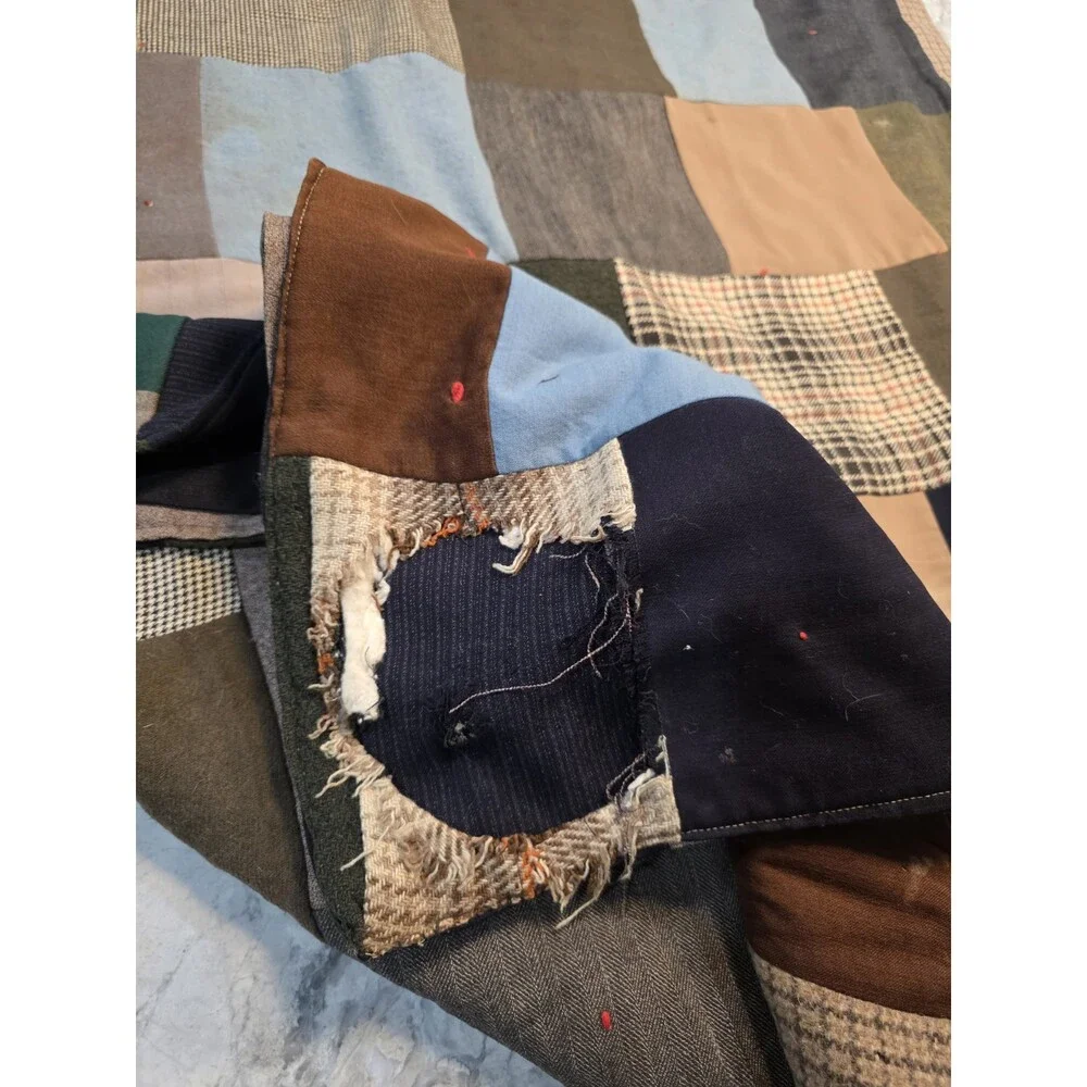 Vintage Handmade Wool Tied Patchwork Quilt 64x84 Plaid Houndstooth Suiting